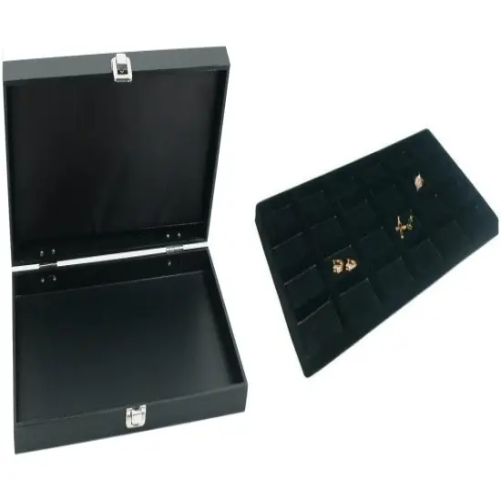 Black Jewelry Display Case (Single metal clasp) w/ Black 24-slot Plastic Tray {1}