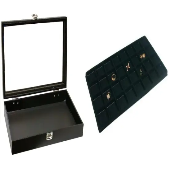Black Glass-top Jewelry Case (Single metal latch) w/ Black 32-slot Plastic Tray {1}
