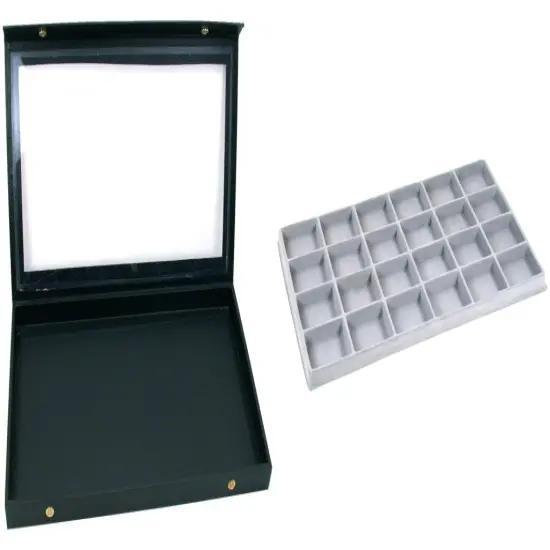 Black Glass Top Jewelry Case (Snap close lid) w/ Gray 24-slot Plastic Tray {1}