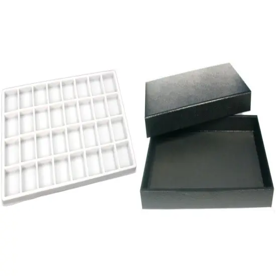 Blck Jewelry Display Case (Removable Magnetic Lid) w/ White 32-slot Plastic Tray {1}