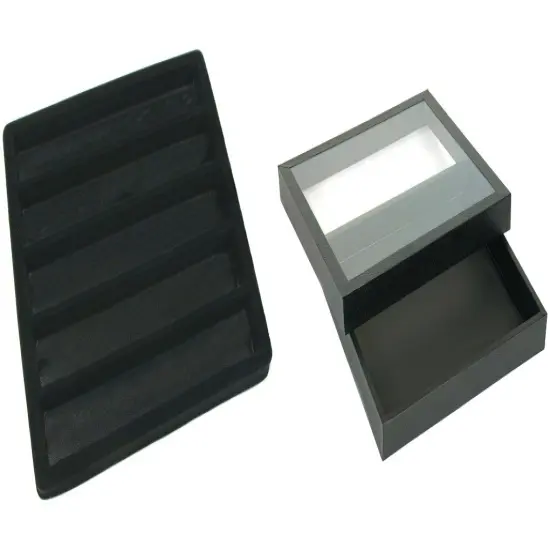 Black Square Display Case (Glass-top Removable Lid) w/ Black 5-slot Plastic Tray {1}