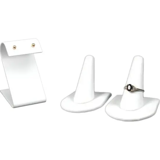White Faux Leather Earring Stand & 2 Ring Finger Displays Jewelry Countertops {1}
