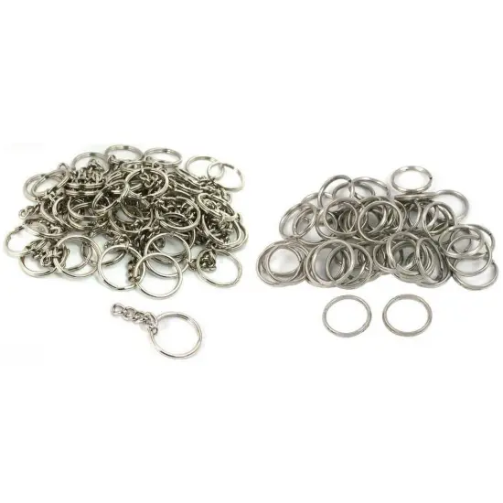 Nickel Plated Key Chain Ring W/ Chain & Metal Split Rings Findings Kit 100 Pcs {1}