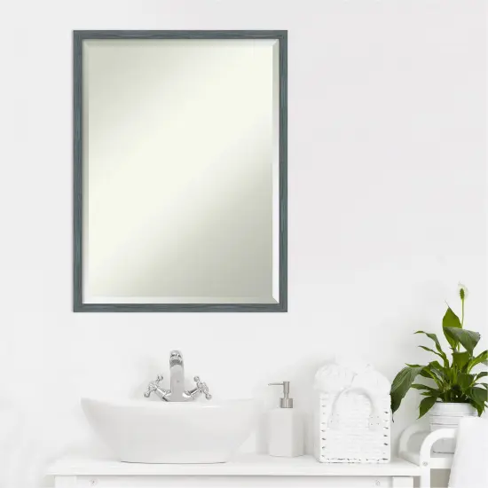 Beveled Wood Bathroom Wall Mirror, Dixie Blue Grey Rustic Narrow Frame {5}