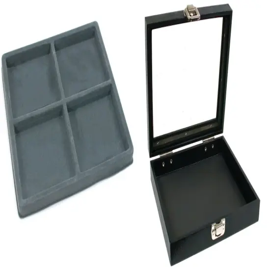 Black Sqaure Glass-top Case (Single Metal Latch) w/ Gray 4-slot Plastic Tray {1}