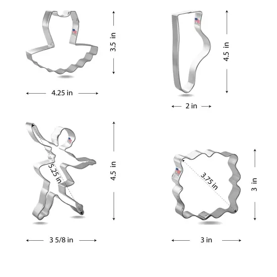 CookieCutter.com Ballet 4 Piece Cookie Cutters Set, Ballerina, Tutu, Ballet Slipper, Fancy Square, Tin Plate Steel, USA {2}