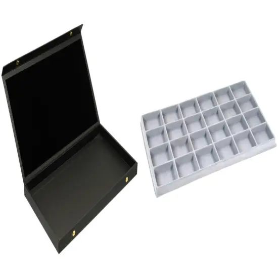 Black Faux Leather Jewelry Case w/ 1 Gray 24-slot Plastic Tray (Snap Close Lid) {1}