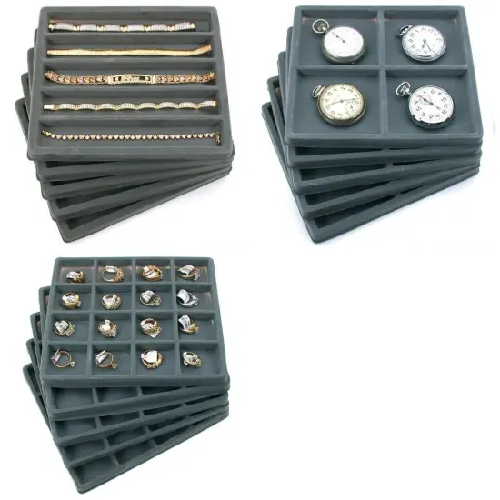15 Gray Flocked Display Trays (5) 5 Slot & (5) 4 Slot & (5) 16 Slot Insert Tray {1}