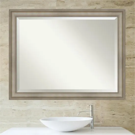 Beveled Wood Bathroom Wall Mirror, Mezzanine Antique Silver Narrow Frame {4}