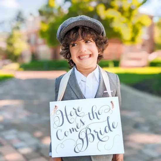 Ritzy Rose Cute Ring Bearer Sign - Slate on 11x8in White Linen Cardstock with Blush Ribbon {2}
