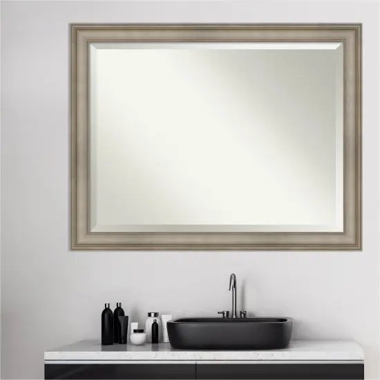 Beveled Wood Bathroom Wall Mirror, Mezzanine Antique Silver Narrow Frame {6}