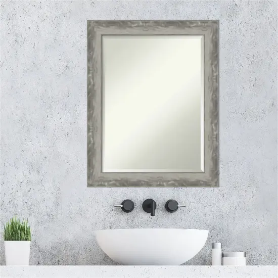 Beveled Bathroom Wall Mirror, Waveline Silver Narrow Frame {6}