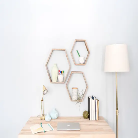 Rustic Farmhouse Floating Reclaimed Wood Hexagon Shelves (Set of 3) Grey {5}