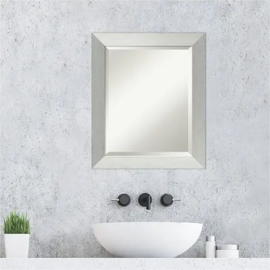 Beveled Wood Bathroom Wall Mirror, Brushed Sterling Silver Frame {6}