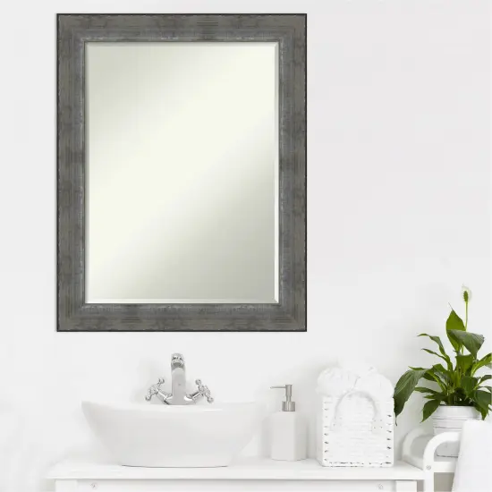 Beveled Wood Bathroom Wall Mirror, Forged Pewter Frame {6}