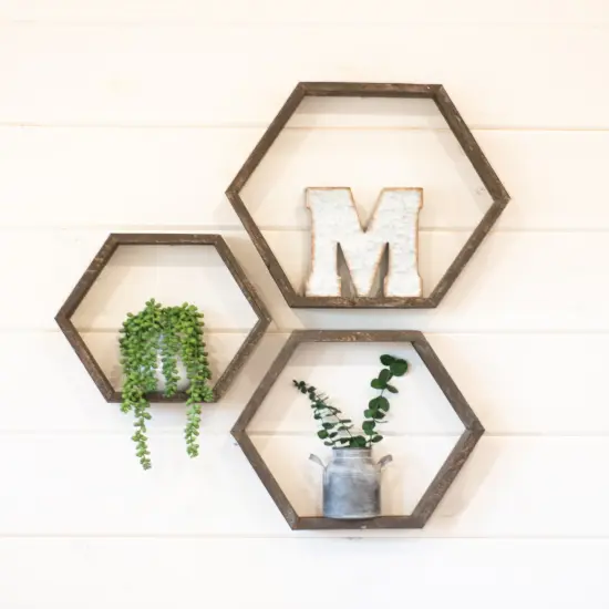 Rustic Farmhouse Floating Reclaimed Wood Hexagon Shelves (Set of 3) Brown {3}