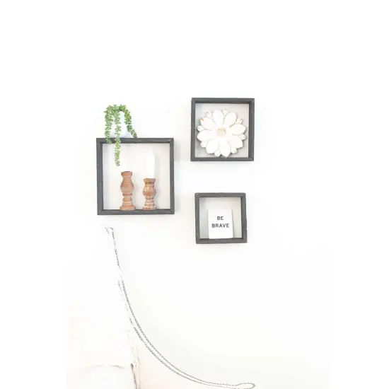 Rustic Farmhouse Reclaimed Wooden Open Square Wall Shelves (Set of 3) Black {2}