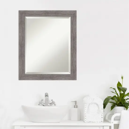 Beveled Bathroom Wall Mirror, Pinstripe Plank Grey Narrow Frame {5}
