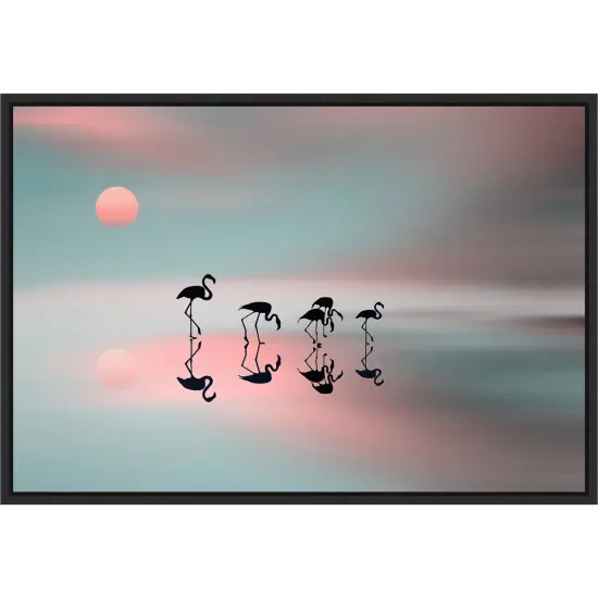 Family flamingos by Natalia Baras 23-in. W x 16-in. H. Canvas Wall Art Print Framed in Black {1}