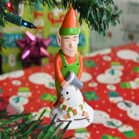 Elf Hair Drying a Snowman Funny Christmas Ornament {5}