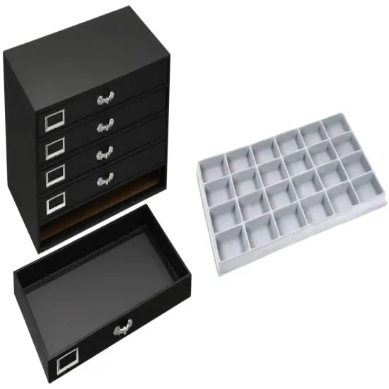 Black FindingKing 5-Drawer Jewelry Storage Case w/ 5 Gray 24-slot Plastic Trays {1}