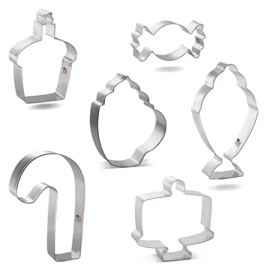 CookieCutter.com Christmas Sweets 6 Piece Cookie Cutters Set, Ice Cream Sundae, Candy Cane, Coffee Mug, Cake, Tin Plate Steel, USA {3}