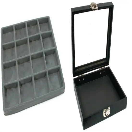 Black Sqaure Glass-top Case (Single Metal Latch) w/ Gray 16-slot Plastic Tray {1}