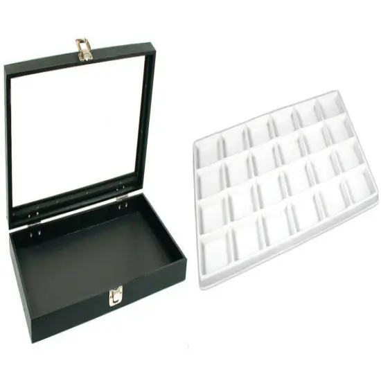 Black Glass Top Jewelry Case w/ 1 White 24-slot Plastic Tray(Single metal latch) {1}