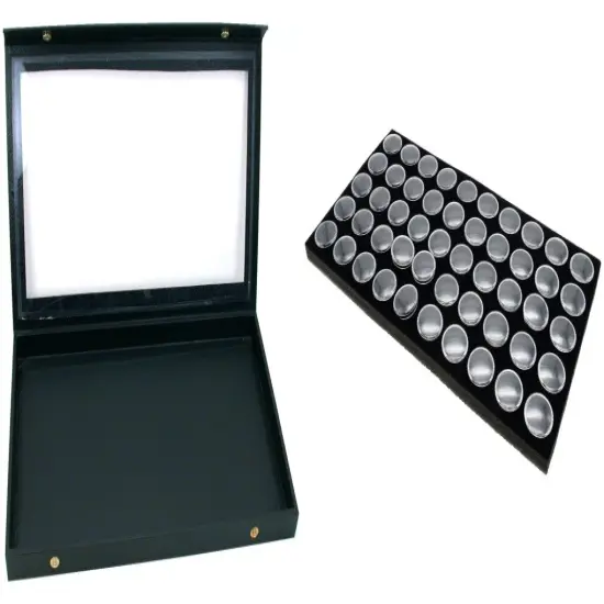 Black Glass Top Jewelry Case (Snap close lid) w/ Black Foam 50 Gem Jar Insert {1}
