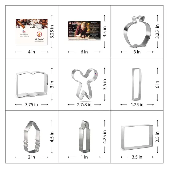 CookieCutter.com Back To School 7 Piece Cookie Cutters Set, Crayon, Scissors, Chunky Pencil, Apple with Leaf, Book, Tin Plate Steel, USA {2}