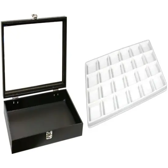 Black Glass-top Jewelry Case (Single metal latch) w/ White 24-slot Plastic Tray {1}