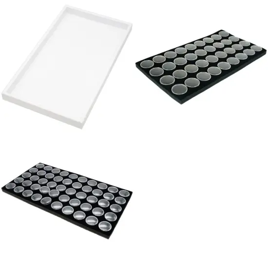 2 White Plastic Stackable Jewelry Display Trays w/ Black 36 & 50 Gem Jar Inserts {1}