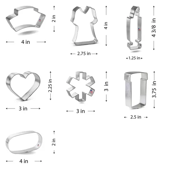 CookieCutter.com Nurse Theme 7 Piece Cookie Cutters Set, Scrubs, Hat, Syringe, Pill Bottle, Heart, Star of Life, Tin Plate Steel, USA {2}