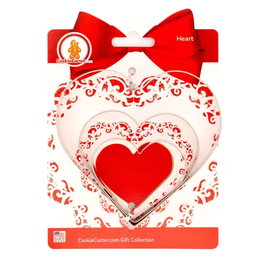 CookieCutter.com Heart Cookie Cutter Set 3 Piece, Hang Tag Cookie Recipe Card, Large, Medium, Small, Tin Plate Steel, USA {1}