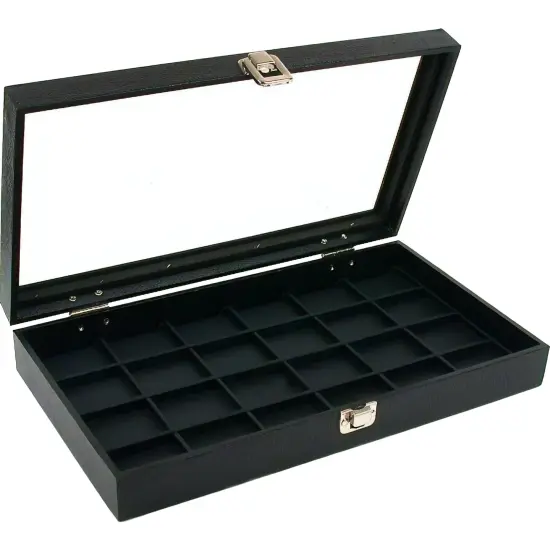 24 Slot Jewelry Coin Black Display Tray Glass Lid Case {1}