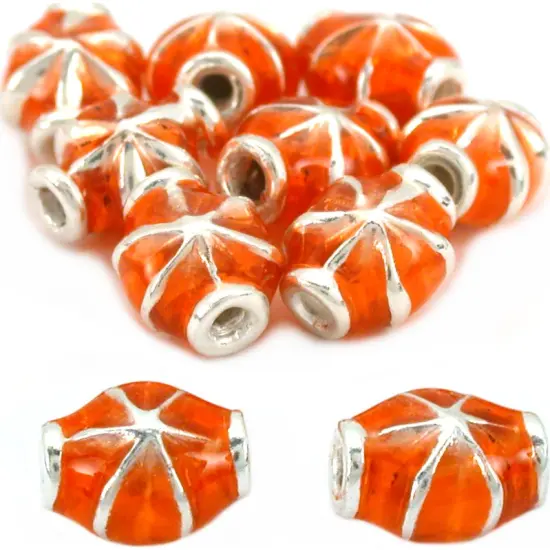 Fluted Sterling Silver Beads Orange Enamel 7mm 10Pcs Approx. {1}