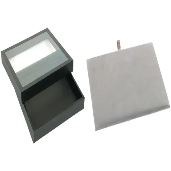 Black Square Jewelry Case (Glass-top Removable Lid) w/ Gray Leather Pad Insert {1}