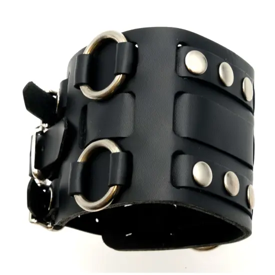 9 Wide Black Leather Cuff Wrist Watch Band Rock & Roll {3}