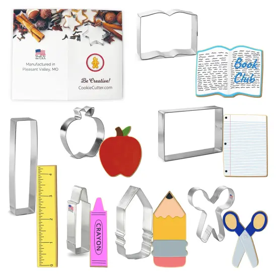 CookieCutter.com Back To School 7 Piece Cookie Cutters Set, Crayon, Scissors, Chunky Pencil, Apple with Leaf, Book, Tin Plate Steel, USA {1}
