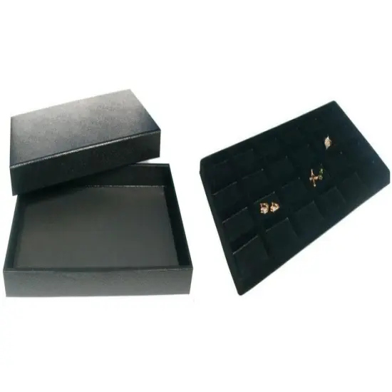 Black Jewelry Display Case (Removable Magnetic Lid) w/ Blck 24-slot Plastic Tray {1}