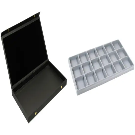 Black Faux Leather Jewelry Case w/ 1 Gray 18-slot Plastic Tray (Snap Close Lid) {1}