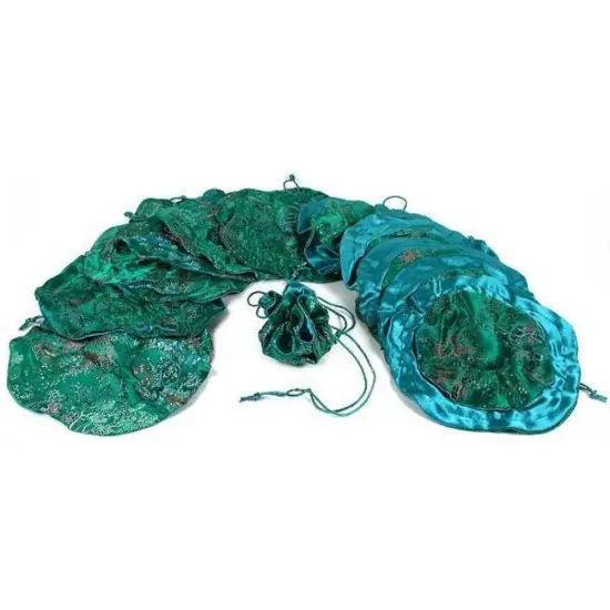 12 Drawstring Pouches Green Brocade Gem Gift Bag 10" {1}
