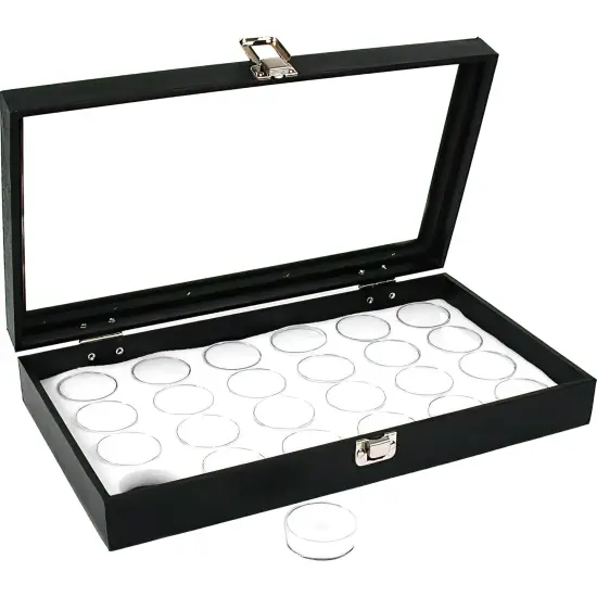 24 White Gem Jars Display & Glass Top Case {1}