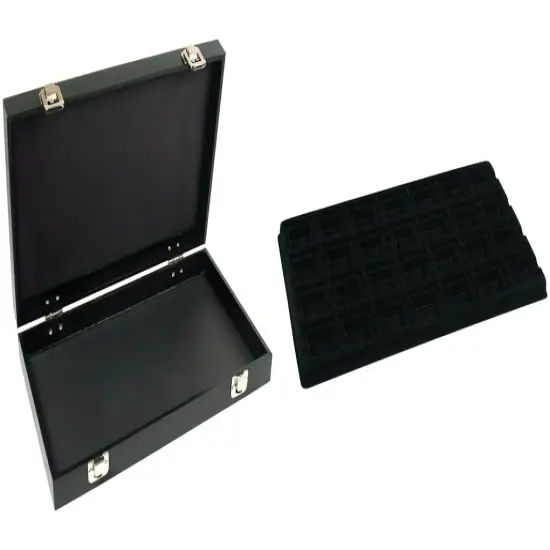 Black Jewelry Case (2xMetal Clasps &Removable Lid) w/ Black 28-slot Plastic Tray {1}
