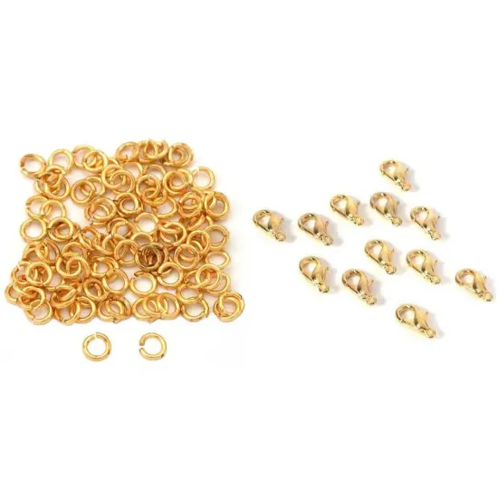 Gold Color Plated Open Jump Rings & Gold Plated Lobster Clasps Findings 200 Pcs {1}