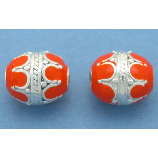 Oval Sterling Silver Beads Orange Enamel 9.5mm 2Pcs Approx. {1}