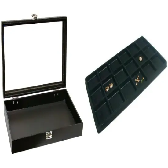 Black Glass-top Jewelry Case (Single metal latch) w/ Black 18-slot Plastic Tray {1}