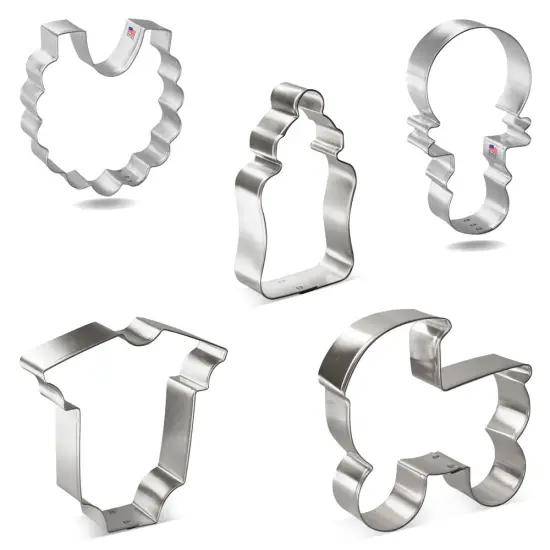 CookieCutter.com 5 Piece Baby Shower Cookie Cutter Set Carriage, Chunky Bottle, Bodysuit, Bib, Rattle, USA {4}