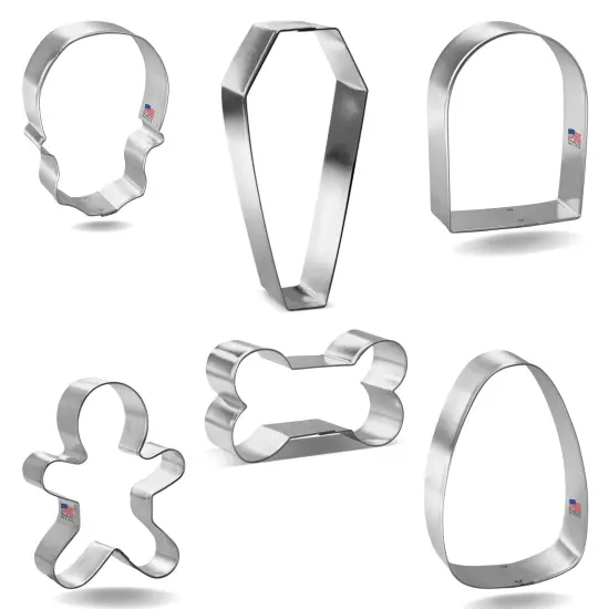 CookieCutter.com 6 Piece Halloween Spooky Graveyard Cookie Cutter Set Tombstone, Coffin, Skull, Candy Corn, Dog Bone, Skeleton, Metal Shapes Made in USA, Silver {4}