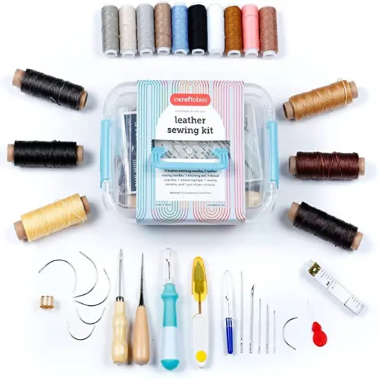 Incraftables Leather Sewing Kit. Heavy Duty Stitching Craft Working Tools Set. Upholstery Repair Kit w/ Waxed Thread Cord, Needles, Tape, Awl, Scissors, Unpicker & Thimble for Beginner Hand Sewing {1}